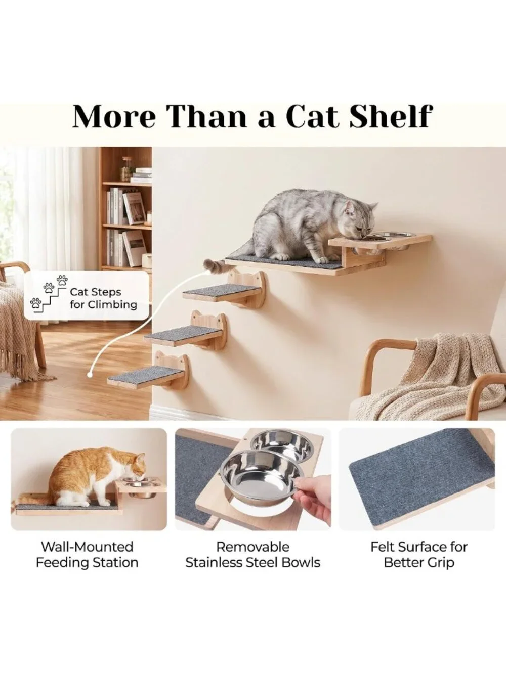 Elevated Cat Feeding Station with 3 Steps & 2 Bowls | Wall-Mounted Pet Shelf